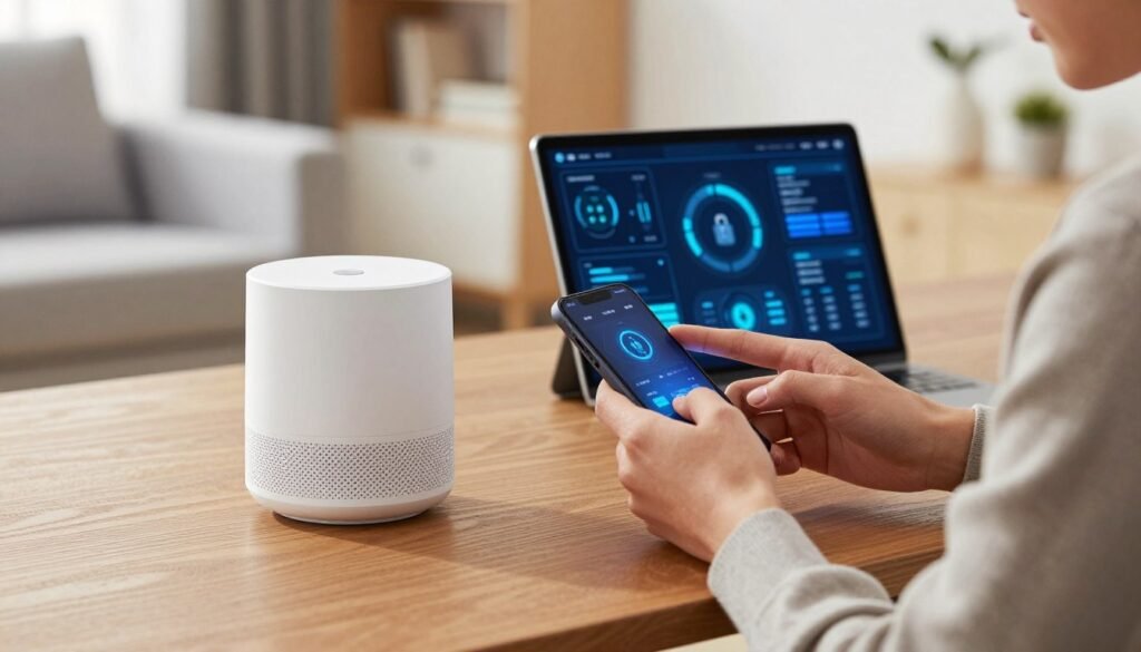 A close-up view of a modern smart home device, specifically a sleek Xiaomi gadget, positioned on a stylish wooden table. In the foreground, a professional-looking individual, dressed in smart casual attire, is inspecting the device with a digital tool, highlighting the theme of rapid security checks. The middle ground features a vivid display of technical elements, such as digital readouts or graphical data on a tablet, symbolizing cybersecurity analysis. The background contains a contemporary living space, softly lit with natural light, evoking a sense of trust and innovation. The overall mood is focused and serious, emphasizing the importance of home security in a safe and modern environment. The composition should be clean, maximizing clarity and engagement.