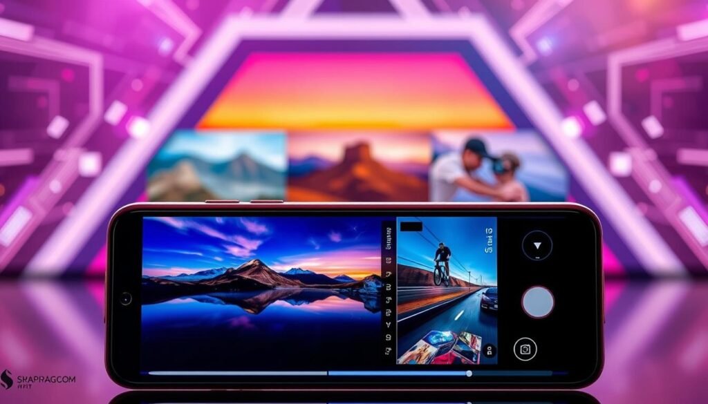 A close-up view of a modern smartphone showcasing the multimedia capabilities of the Snapdragon 8s Gen 3 chip. The foreground features the smartphone with a vibrant camera interface, displaying colorful images and videos, emphasizing high-resolution photography and advanced features. In the middle ground, there are visual representations of stunning landscapes and dynamic action shots, indicating the versatility of the camera, such as low-light performance and high-speed capture. The background includes abstract, tech-themed graphics with soft lighting effects, creating an energetic yet polished atmosphere. The image should have a sleek, professional look with a slightly blurred background to focus attention on the smartphone and its multimedia prowess, capturing the essence of cutting-edge technology. A close-up view of a modern smartphone showcasing the multimedia capabilities of the Snapdragon 8s Gen 3 chip. The foreground features the smartphone with a vibrant camera interface, displaying colorful images and videos, emphasizing high-resolution photography and advanced features. In the middle ground, there are visual representations of stunning landscapes and dynamic action shots, indicating the versatility of the camera, such as low-light performance and high-speed capture. The background includes abstract, tech-themed graphics with soft lighting effects, creating an energetic yet polished atmosphere. The image should have a sleek, professional look with a slightly blurred background to focus attention on the smartphone and its multimedia prowess, capturing the essence of cutting-edge technology.