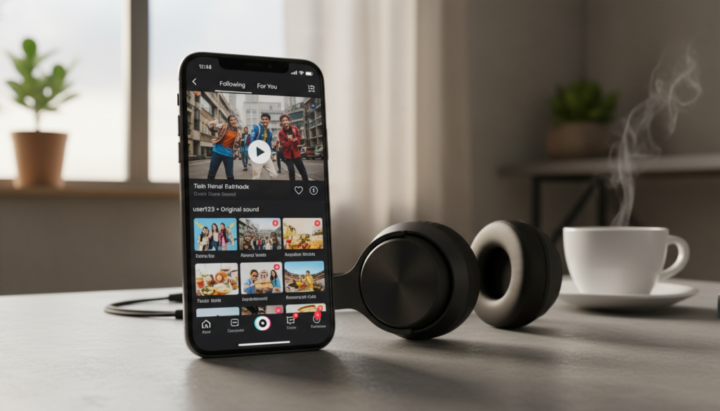 A close-up view of a smartphone displaying the TikTok app interface, with vibrant colors and engaging video thumbnails prominently featured. The phone is positioned on a sleek, modern desk, surrounded by subtle tech gadgets like headphones and a coffee cup, creating a dynamic workspace atmosphere. The background includes a softly blurred window with natural light streaming in, casting gentle shadows across the desk. The overall mood feels energetic and creative, appealing to a tech-savvy audience. Capture this scene with a sharp focus on the phone screen and a slightly lower angle to emphasize the app's details, while maintaining clarity in the workspace setup. A close-up view of a smartphone displaying the TikTok app interface, with vibrant colors and engaging video thumbnails prominently featured. The phone is positioned on a sleek, modern desk, surrounded by subtle tech gadgets like headphones and a coffee cup, creating a dynamic workspace atmosphere. The background includes a softly blurred window with natural light streaming in, casting gentle shadows across the desk. The overall mood feels energetic and creative, appealing to a tech-savvy audience. Capture this scene with a sharp focus on the phone screen and a slightly lower angle to emphasize the app's details, while maintaining clarity in the workspace setup.