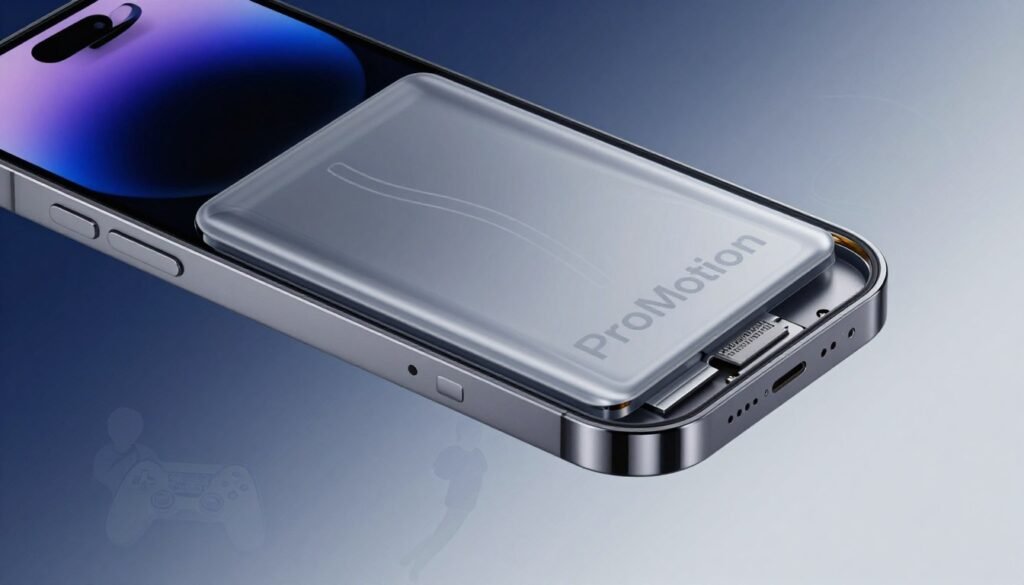 A close-up view of an iPhone 15 Pro battery, partially transparent to reveal its internal components, set against a soft gradient background that shifts from deep blue to light gray. The battery's surface is engraved with subtle graphics illustrating ProMotion technology and its adaptive refresh rates. In the foreground, faint silhouettes of usage scenarios, such as scrolling and gaming, imply how ProMotion affects battery life. Soft, diffused lighting highlights the battery's intricate details and textures, creating a sense of depth and focus. The image captures a balance between technical sophistication and modern aesthetics, evoking curiosity about the impact of advanced display technology on device performance.