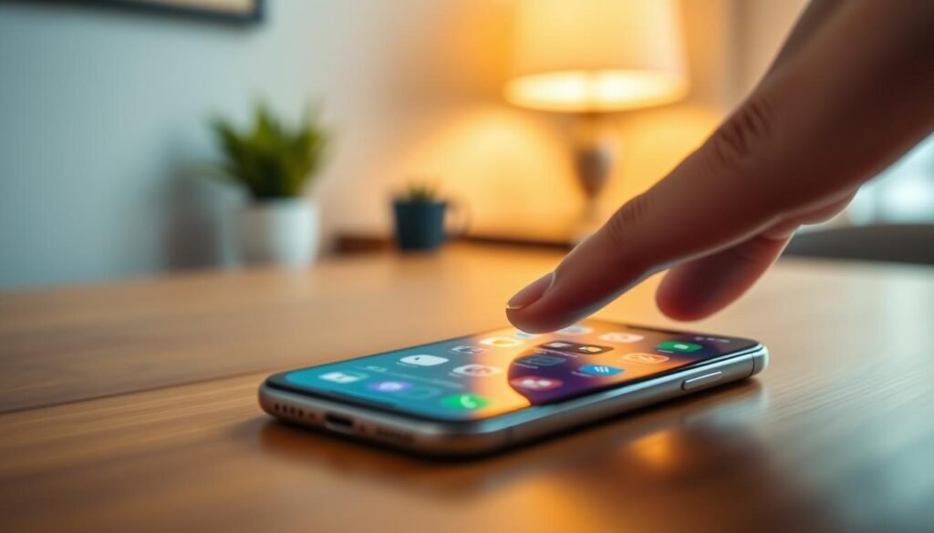 A close-up view of an iPhone displaying the Back Tap feature in action, featuring a modern, sleek iPhone on a wooden desk. The phone screen shows a vibrant interface with icons representing various functions activated by Back Tap. In the foreground, a hand gently taps the back of the phone, highlighting interaction. The background subtly fades out with a blurred aesthetic of a cozy indoor environment, softly illuminated by natural light coming from a nearby window. The warm tones create a welcoming atmosphere, emphasizing innovation and user-friendly technology. The overall mood is engaging and informative, designed to capture the viewer's attention on the secret functions of the iPhone.