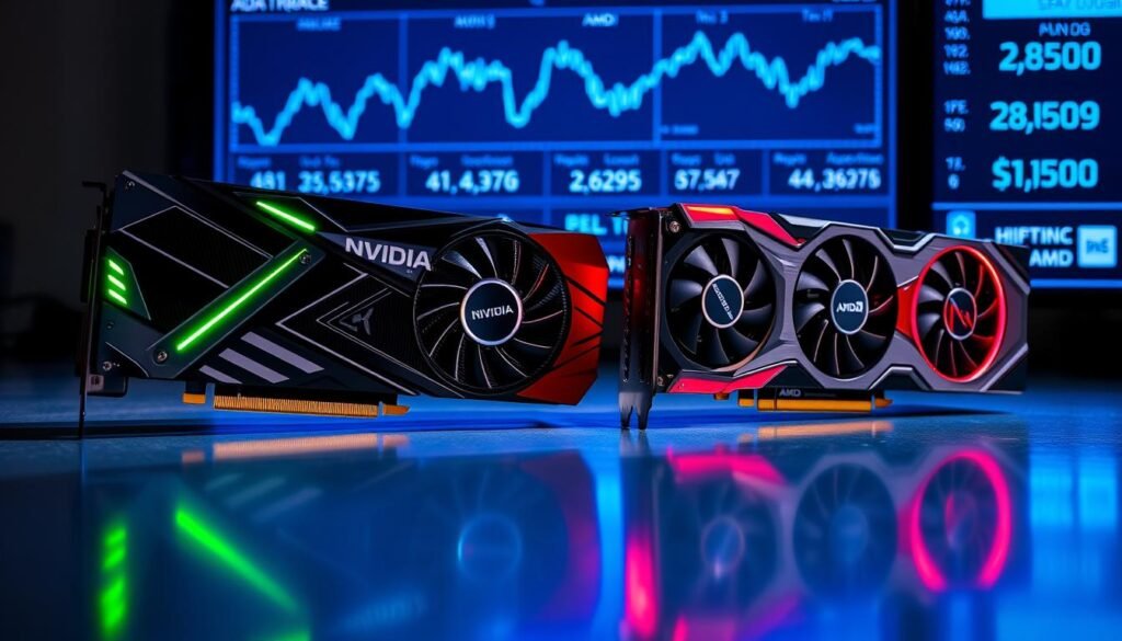 A close-up view of two graphics cards, one representing Nvidia's Ada Lovelace architecture and the other AMD's RDNA 3, placed on a sleek, reflective surface. The Nvidia card has a futuristic design featuring angular lines and LED lights in green tones, while the AMD card showcases a robust aesthetic with red accents. In the background, a digital display screen shows fluctuating price graphs and performance metrics, softly illuminated in a tech-inspired blue hue. The lighting is dramatic, highlighting the intricate details of the GPU designs and casting subtle shadows for depth. The overall atmosphere conveys a high-tech, analytical mood, perfect for a detailed discussion on price and value in the GPU market.