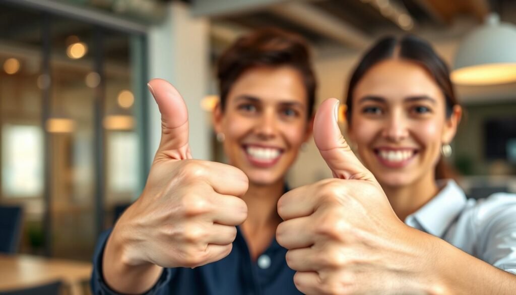 A close-up view of two professional individuals engaged in a FaceTime call, showcasing a "thumbs up" gesture in response to a positive conversation. The foreground features their hands prominently displaying the thumbs up sign, highlighting the gesture's significance. In the middle ground, the faces of both people are expressive, showing enthusiasm and engagement, dressed in smart casual attire, such as button-up shirts and blouses. The background is softly blurred, depicting a modern office environment with warm lighting, conveying a friendly and professional atmosphere. The focus is sharp on the hands and faces, while a soft vignette adds depth, creating a welcoming mood that emphasizes effective communication through gestures. A close-up view of two professional individuals engaged in a FaceTime call, showcasing a "thumbs up" gesture in response to a positive conversation. The foreground features their hands prominently displaying the thumbs up sign, highlighting the gesture's significance. In the middle ground, the faces of both people are expressive, showing enthusiasm and engagement, dressed in smart casual attire, such as button-up shirts and blouses. The background is softly blurred, depicting a modern office environment with warm lighting, conveying a friendly and professional atmosphere. The focus is sharp on the hands and faces, while a soft vignette adds depth, creating a welcoming mood that emphasizes effective communication through gestures.