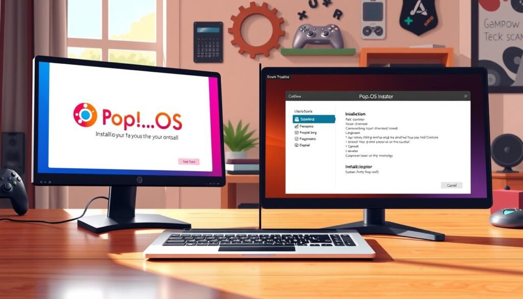A comparative illustration showing the installation interfaces of Pop!_OS and Ubuntu side by side on a computer screen. On the left, the sleek, modern design of Pop!_OS is highlighted, featuring a simple, streamlined installation process, with vibrant colors and a user-friendly layout. On the right, the classic installation interface of Ubuntu displays its more traditional setup procedure, with detailed options and a slightly cluttered appearance. In the foreground, a stylishly designed laptop sits on a wooden desk, reflecting soft natural light from a nearby window, creating a warm, inviting atmosphere. The background subtly includes tech-themed decor, emphasizing a focus on gaming and technology, aiming for a mood of innovation and ease of use. A comparative illustration showing the installation interfaces of Pop!_OS and Ubuntu side by side on a computer screen. On the left, the sleek, modern design of Pop!_OS is highlighted, featuring a simple, streamlined installation process, with vibrant colors and a user-friendly layout. On the right, the classic installation interface of Ubuntu displays its more traditional setup procedure, with detailed options and a slightly cluttered appearance. In the foreground, a stylishly designed laptop sits on a wooden desk, reflecting soft natural light from a nearby window, creating a warm, inviting atmosphere. The background subtly includes tech-themed decor, emphasizing a focus on gaming and technology, aiming for a mood of innovation and ease of use.