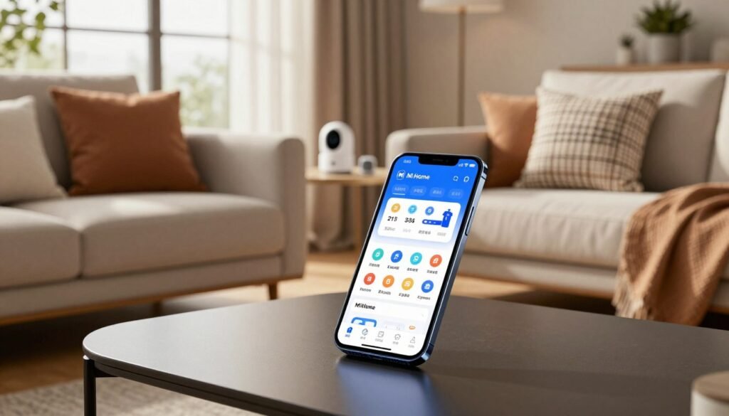 A cozy and modern living room with a sleek coffee table displaying a smartphone open to the Mi Home App, showcasing a security interface for managing smart home devices. In the foreground, the phone’s screen glows with interactive icons representing various security features, casting a soft light. In the middle, a stylish couch and decorative cushions create a warm atmosphere, while a smart camera and smart speaker are subtly placed on a shelf. The background features large windows with natural light streaming in, enhancing the sense of safety and comfort. The scene is well-lit with a blend of natural and ambient lighting, evoking a feeling of home security and modern technology, captured from a slightly elevated angle for a dynamic view.