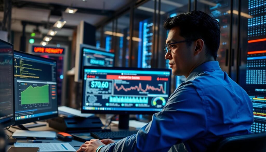 A detailed analysis of a ransomware incident in Indonesia, featuring a digital environment with computer screens displaying cybersecurity graphs and alerts. In the foreground, a focused professional in business attire is seated at a desk, analyzing data on a laptop. The middle ground showcases a cluttered workspace with reference materials and cybersecurity tools, like firewalls and encryption software. The background reveals a high-tech server room with blinking LED lights and cables, emphasizing the technical aspect of the analysis. The lighting is dim, with soft blue glows from the screens, creating a tense yet focused atmosphere reflecting the urgency of the ransomware threat. The overall mood should convey seriousness and professionalism in tackling cybersecurity challenges.