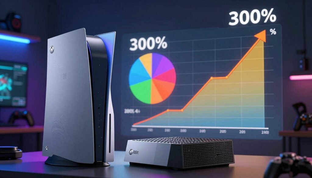 A detailed analysis of the increased price of a limited-edition Xbox Halo console, showcasing the dramatic rise of 300%. In the foreground, a pristine, glossy Xbox console with custom Halo artwork is displayed, surrounded by price tags showing upward arrows symbolizing price increase. In the middle ground, a pie chart and line graph illustrate the percentage rise visually, with vibrant colors that reflect urgency and excitement. The background features a blurred image of a gaming setup, with ambient lighting that creates a modern, tech-savvy atmosphere. The scene is lit with a soft, dramatic glow that highlights the console and charts, using a slight overhead angle to draw the viewer's attention to the rising prices. The overall mood is one of intrigue and analytical exploration. A detailed analysis of the increased price of a limited-edition Xbox Halo console, showcasing the dramatic rise of 300%. In the foreground, a pristine, glossy Xbox console with custom Halo artwork is displayed, surrounded by price tags showing upward arrows symbolizing price increase. In the middle ground, a pie chart and line graph illustrate the percentage rise visually, with vibrant colors that reflect urgency and excitement. The background features a blurred image of a gaming setup, with ambient lighting that creates a modern, tech-savvy atmosphere. The scene is lit with a soft, dramatic glow that highlights the console and charts, using a slight overhead angle to draw the viewer's attention to the rising prices. The overall mood is one of intrigue and analytical exploration.