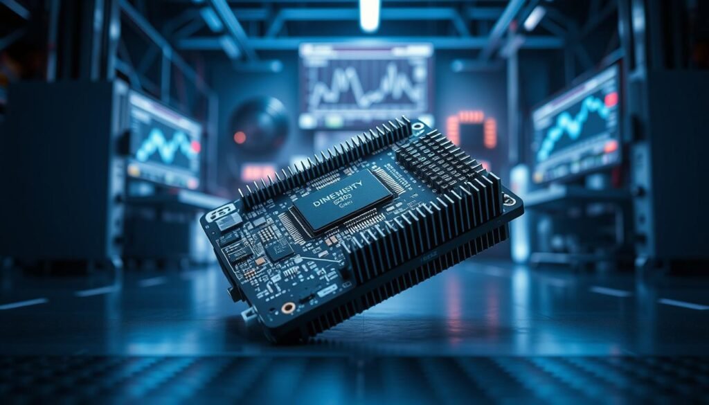 A detailed and realistic visualization of a thermal performance chipset, prominently featuring the Dimensity 9300 and Snapdragon 8 Gen 3. In the foreground, showcase the chipset with intricate circuit details, heat sink, and thermal interface material, illuminated by soft, focused lighting to highlight its technical aspects. The middle ground should include a high-tech laboratory setting, with advanced cooling systems and monitoring equipment strategically positioned, suggesting a testing environment. The background can feature blurred monitors displaying thermal data graphs. The atmosphere should convey a sense of high performance and innovation, underscored by a cool color palette of blues and silvers. Capture the scene from a dynamic angle to emphasize depth and complexity, ensuring the image is suitable for a professional tech article.