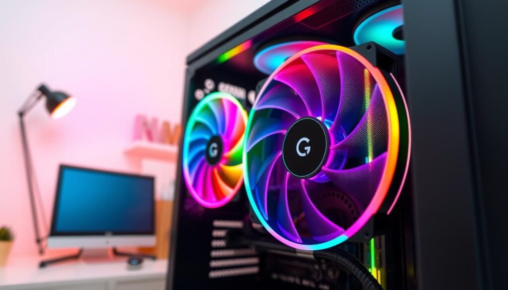 A detailed close-up of a 180mm RGB case fan installed in a sleek, modern computer case. The fan features vibrant, multicolored LED lights that create a mesmerizing glow, illuminating the surrounding components in a subtle rainbow effect. The foreground showcases intricate fan blades, highlighting their aerodynamic design. In the middle ground, the fan is seamlessly integrated into the case, showcasing high-quality wiring and connectors. The background consists of a softly lit room with the computer case positioned on a clean desk, emphasizing a tech-savvy atmosphere. The lighting is a gentle mix of warm and cool tones, creating an inviting ambiance. The composition captures the elegance and functionality of the RGB feature while conveying a sense of advanced technology.