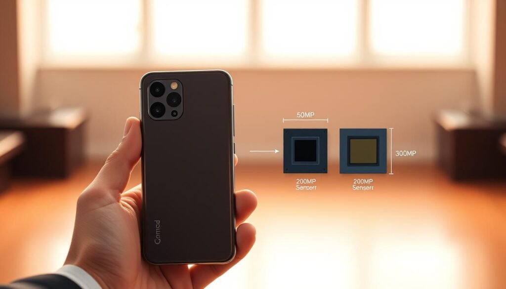 A detailed comparison illustration showcasing the physical size of a smartphone camera sensor, portraying the difference between a 200MP sensor and a 50MP sensor. In the foreground, place a high-resolution smartphone held in a professional’s hand, highlighting the camera module clearly. The middle ground should show side-by-side placements of the two sensors, with annotations that visually represent their sizes in a scientific way. The background should be softly blurred to emphasize the sensors and the smartphone, with a warm, soft light illuminating the objects, creating an informative yet engaging atmosphere. The overall mood should be professional and educational, suitable for a technology article.
