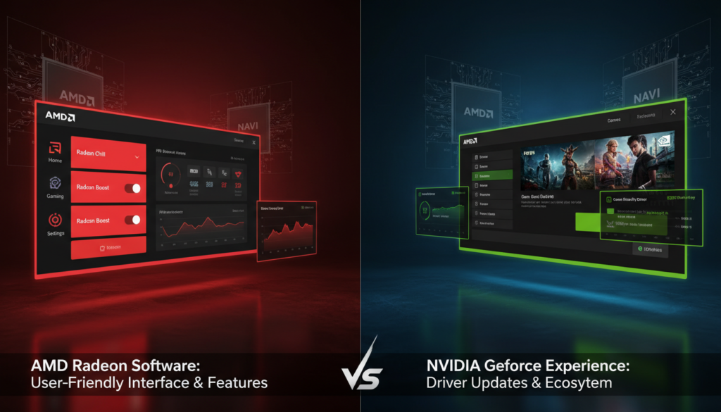 A detailed comparison image showcasing the software drivers and ecosystem support for AMD and NVIDIA GPUs. In the foreground, a split-screen view displays two distinct interfaces: one representing AMD’s Radeon Software, characterized by sleek, modern design, vibrant red accents, and intuitive layout; the other depicting NVIDIA’s GeForce Experience, featuring a dark, techy interface with green highlights. In the middle ground, subtle visual elements like charts and performance metrics hover around the interfaces, symbolizing user-friendliness and functionality. The background should include faint outlines of hardware components, like GPUs, to emphasize hardware-software synergy. The scene is illuminated with a dynamic blue and red lighting scheme, creating a contrasting yet harmonious atmosphere, suitable for a tech-savvy audience. Capture the essence of competitiveness in a professional manner.