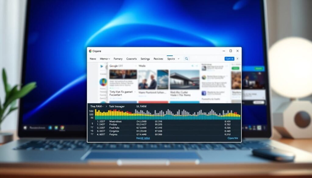 A detailed depiction of the Google Chrome Task Manager interface, showcasing multiple active tabs consuming RAM. In the foreground, highlight the Task Manager window with clear, crisp visualization of CPU and memory usage graphs. The middle layer should include open tabs displaying websites like news articles, videos, and social media, with vibrant colors to suggest activity. In the background, create a softly blurred computer desktop to give context, with a modern and minimalistic design. Use soft, diffused lighting to enhance the user-friendly atmosphere, suggesting efficiency and technical capability. The mood should be focused yet slightly tense, representing the frustration of high RAM usage while navigating multiple tabs. A detailed depiction of the Google Chrome Task Manager interface, showcasing multiple active tabs consuming RAM. In the foreground, highlight the Task Manager window with clear, crisp visualization of CPU and memory usage graphs. The middle layer should include open tabs displaying websites like news articles, videos, and social media, with vibrant colors to suggest activity. In the background, create a softly blurred computer desktop to give context, with a modern and minimalistic design. Use soft, diffused lighting to enhance the user-friendly atmosphere, suggesting efficiency and technical capability. The mood should be focused yet slightly tense, representing the frustration of high RAM usage while navigating multiple tabs.