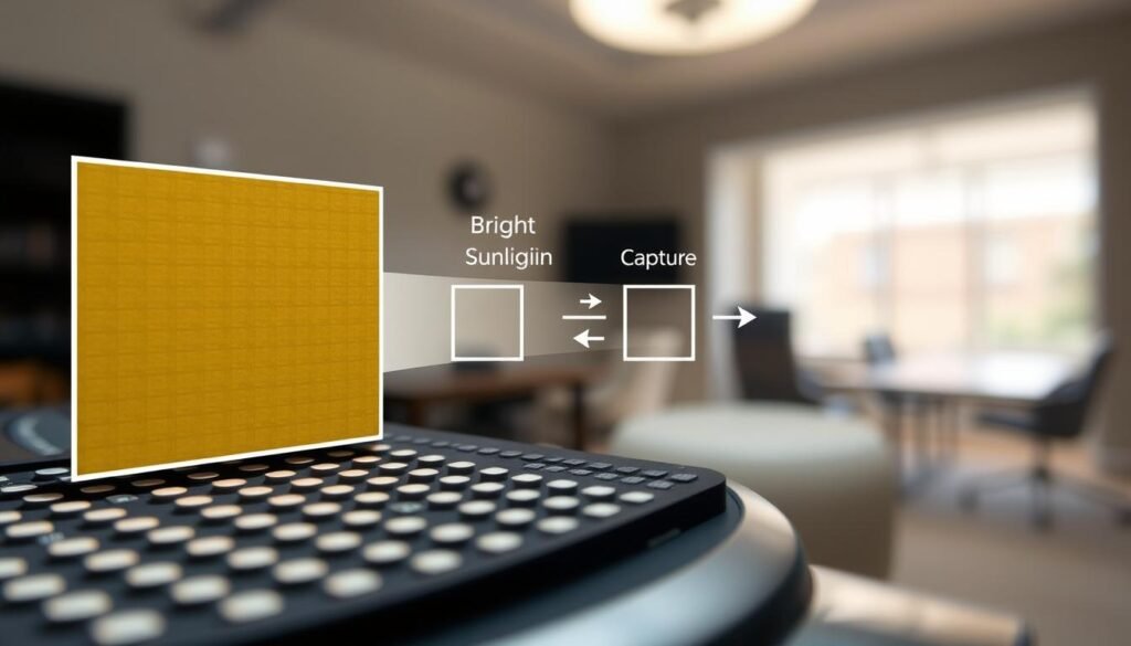 A detailed illustration of pixel binning technology in a camera sensor. In the foreground, show a close-up of a camera sensor with individual pixels clearly visible, highlighting the process of combining pixels for improved image clarity. In the middle ground, include a visual representation of the pixel binning workflow, with arrows indicating the movement of light being captured and processed. In the background, depict a blurred image capturing various lighting conditions – bright sunlight, and softer indoor light to showcase how pixel binning enhances image quality under different scenarios. Use soft, balanced lighting to emphasize the technical details without harsh shadows. Create a professional and informative atmosphere that conveys innovation and sophistication in imaging technology. No text or additional elements included.