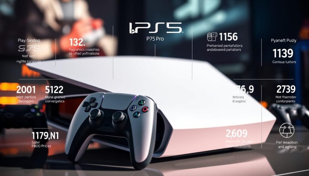 A detailed image of a PlayStation 5 Pro console placed prominently in the foreground, showcasing its sleek, modern design with a glossy white and black finish. The console features streamlined edges and illuminated accents, emphasizing its high-tech look. Surrounding the console, include various technical specifications like graphics capabilities, storage options, and resolution metrics, displayed in an organized manner. In the middle ground, display gaming controllers with a dynamic layout, suggesting active gaming. The background should be a softly blurred gaming setup with ambient lighting. The mood is energetic and futuristic, highlighting the advanced technology of the PS5 Pro. Use dramatic lighting to emphasize the contours of the console, with a shallow depth of field focusing on the details without text or overlays.