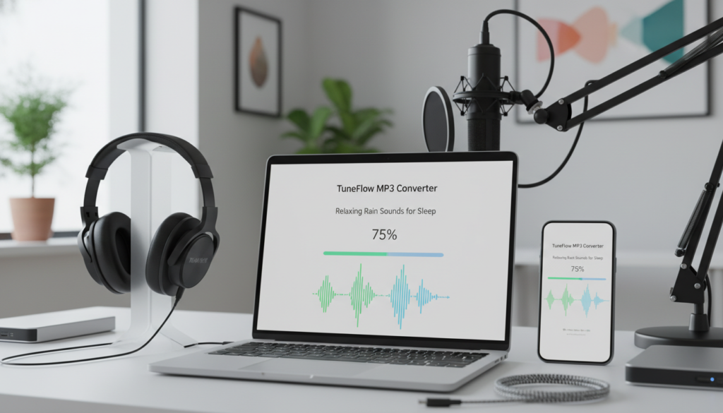 A detailed scene depicting a digital workspace focused on converting YouTube videos to MP3 files. In the foreground, a laptop screen displays a user-friendly interface for video conversion, showing a progress bar and audio waveforms. Beside the laptop, a smartphone shows the same interface, emphasizing accessibility. In the middle ground, there are audio equipment like headphones and an external hard drive, symbolizing a professional audio setup. The background features a bright, modern office environment with soft natural lighting streaming through a window, creating a productive atmosphere. The mood is focused and efficient, highlighting the ease of converting YouTube content to audio files smoothly.