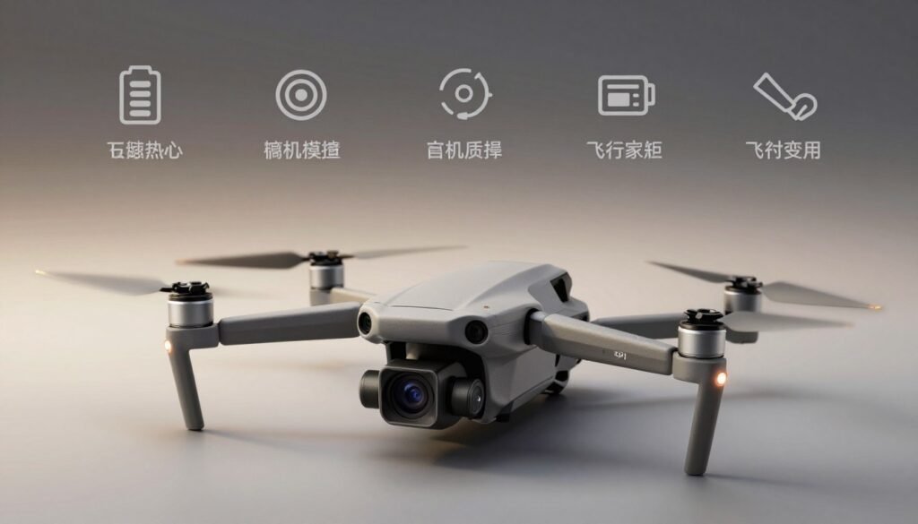 A detailed, sleek image of the DJI Mini 4 Pro drone, showcasing its technical specifications in an informative manner. The drone is centered in the foreground, viewed from a slightly elevated angle to highlight its compact design and advanced camera features. The middle section features a subtle gradient background that simulates a tech-oriented environment, evoking a sense of innovation. Soft, diffused lighting enhances the drone's details, casting gentle shadows to accentuate its design. Surrounding the drone are abstract icons representing its key specifications like battery life, camera quality, and flight duration. The overall mood is sophisticated and modern, emphasizing the cutting-edge technology of the DJI Mini 4 Pro, while ensuring the image remains professional and focused. A detailed, sleek image of the DJI Mini 4 Pro drone, showcasing its technical specifications in an informative manner. The drone is centered in the foreground, viewed from a slightly elevated angle to highlight its compact design and advanced camera features. The middle section features a subtle gradient background that simulates a tech-oriented environment, evoking a sense of innovation. Soft, diffused lighting enhances the drone's details, casting gentle shadows to accentuate its design. Surrounding the drone are abstract icons representing its key specifications like battery life, camera quality, and flight duration. The overall mood is sophisticated and modern, emphasizing the cutting-edge technology of the DJI Mini 4 Pro, while ensuring the image remains professional and focused.