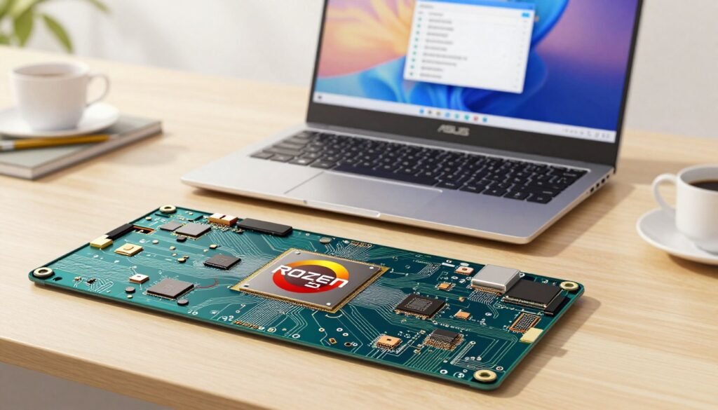A detailed technical illustration of a Chromebook processor panel display, featuring an Asus Ryzen 5 logo prominently at the center. The foreground showcases intricate circuit patterns and silicon chips, emphasizing modern technology. In the middle, include a sleek laptop with an open display, clearly showing detailed specs, such as processor speed, RAM, and storage, against a softly illuminated backdrop. The background should feature a minimalist workspace, with soft-focus elements like a notebook and a coffee cup to enhance the tech environment. The image is bathed in natural daylight, creating a warm and professional atmosphere. Use a slight top-down angle to highlight the display's details without clutter, ensuring that the focus remains on the technical aspects of the Chromebook.