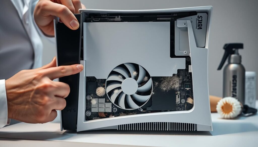 A detailed view of a PlayStation 5 console being cleaned, with a focus on the internal fan and heat sink. In the foreground, a person in professional attire carefully removes the console panel, revealing the intricate components inside. The middle layer showcases the clear, well-structured fan and heat sink, highlighting areas filled with dust and debris needing attention. The background should feature a clean, well-organized workspace with tools like a soft brush and compressed air canister neatly arranged. Soft, diffused lighting illuminates the scene, emphasizing the meticulous process of dust removal. The angle is slightly tilted, providing a dynamic perspective that enhances the technical atmosphere of maintenance and care, ensuring a professional and clean aesthetic throughout.