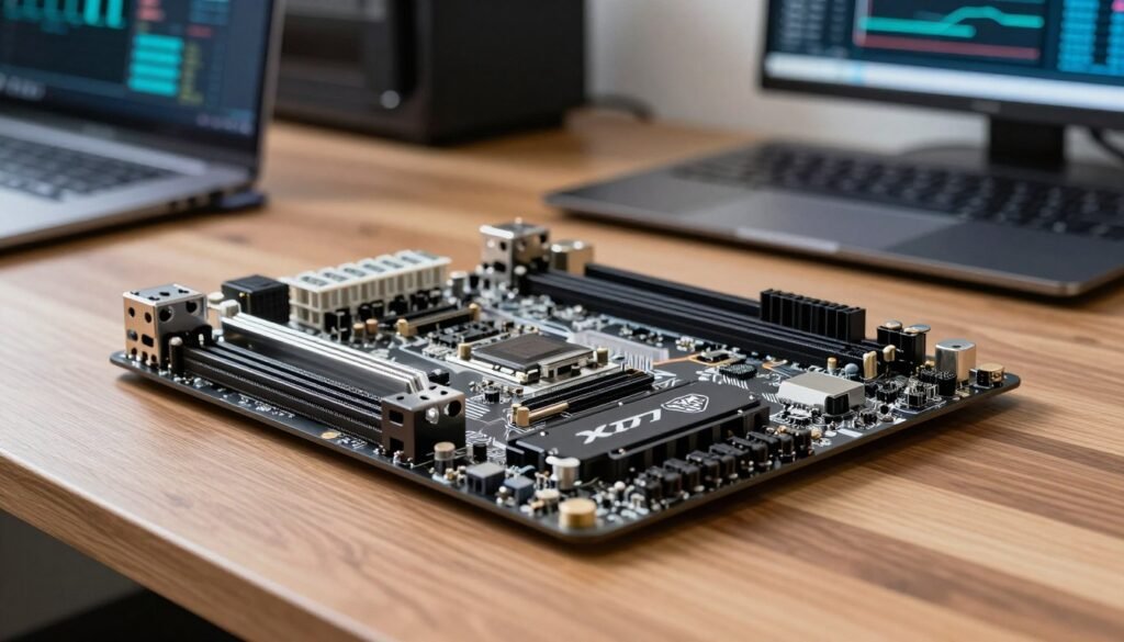 A detailed view of the MSI X870 motherboard placed on a sleek, modern wooden desktop, allowing the intricate circuitry and components to be visible. In the foreground, showcase the motherboard at an angle that emphasizes its design and ports, capturing the sheen of the connections and the logo. The middle ground features subtle reflections of light bouncing off the surface, highlighting the advanced technology. In the background, include a softly blurred workspace with a high-tech feel—maybe a laptop or monitor displaying graphs and data related to performance analysis. Utilize bright, even lighting to create a professional atmosphere, evoking a sense of innovation. The overall mood should be analytical and focused, perfect for discussing value assessment. A detailed view of the MSI X870 motherboard placed on a sleek, modern wooden desktop, allowing the intricate circuitry and components to be visible. In the foreground, showcase the motherboard at an angle that emphasizes its design and ports, capturing the sheen of the connections and the logo. The middle ground features subtle reflections of light bouncing off the surface, highlighting the advanced technology. In the background, include a softly blurred workspace with a high-tech feel—maybe a laptop or monitor displaying graphs and data related to performance analysis. Utilize bright, even lighting to create a professional atmosphere, evoking a sense of innovation. The overall mood should be analytical and focused, perfect for discussing value assessment.