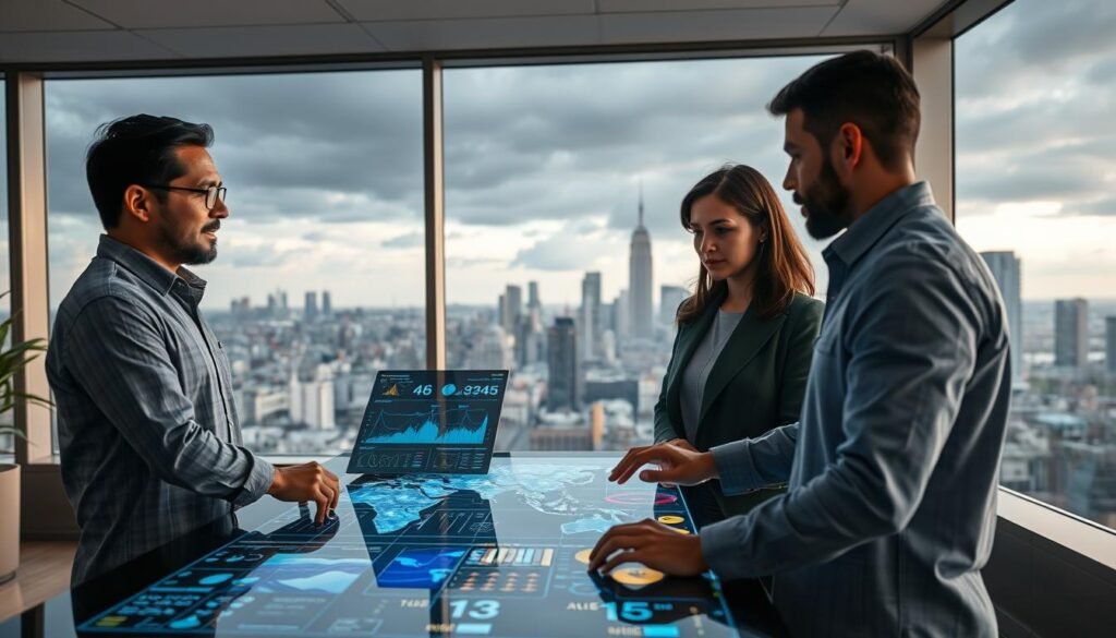 A detailed visualization of weather data analysis for predictive modeling. In the foreground, a diverse team of three professionals—two men and a woman—are gathered around a high-tech touchscreen table displaying dynamic weather graphs, charts, and geographic maps. The middle layer features digital elements such as algorithms and color-coded data overlays representing various weather patterns. In the background, a large window reveals a modern city skyline under a dramatic sky, hinting at weather changes. Soft, focused lighting enhances the high-tech atmosphere, while a slight perspective angle gives depth to the scene. The overall mood is one of collaboration and innovation, emphasizing the cutting-edge nature of AI in weather prediction.