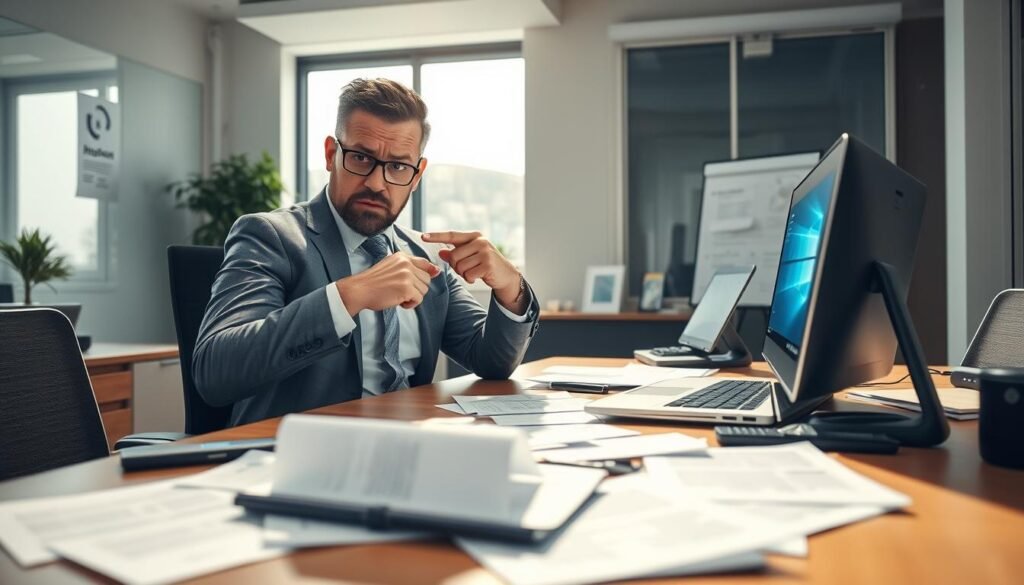 A detailed workspace scene depicting a frustrated professional in a modern office, seated at a sleek desk with a high-resolution laptop open, displaying the Windows 11 update screen. The foreground features the individual, dressed in smart casual attire, showcasing emotions of concern while pointing at the computer. In the middle, various technical papers and notes about Windows Update issues are scattered around. The background shows a well-lit office space with soft natural light streaming in through a window, casting gentle shadows. The atmosphere conveys a sense of urgency and focus, emphasizing the ongoing problems related to gaming bugs after the 24H2 update. The image is composed from a slightly elevated angle, highlighting the workspace’s organized chaos while keeping the professional quality intact.