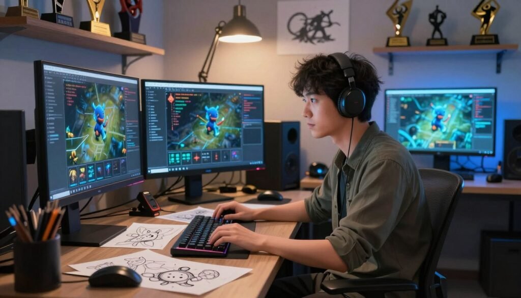 A digital artwork depicting IceFrog, the celebrated developer behind Dota 2, immersed in a creative development studio. In the foreground, IceFrog is illustrated as a focused figure, wearing professional, casual clothing, seated at a desk cluttered with design sketches and gaming paraphernalia. The middle ground showcases large screens displaying game graphics and code, with glowing elements highlighting key features of Dota 2. The background features shelves filled with gaming awards and concept art. Soft, ambient lighting from a nearby lamp creates a warm atmosphere, while a faint blue glow from the screens adds a modern, techy feel. The composition conveys a sense of innovation and dedication to the gaming community. A digital artwork depicting IceFrog, the celebrated developer behind Dota 2, immersed in a creative development studio. In the foreground, IceFrog is illustrated as a focused figure, wearing professional, casual clothing, seated at a desk cluttered with design sketches and gaming paraphernalia. The middle ground showcases large screens displaying game graphics and code, with glowing elements highlighting key features of Dota 2. The background features shelves filled with gaming awards and concept art. Soft, ambient lighting from a nearby lamp creates a warm atmosphere, while a faint blue glow from the screens adds a modern, techy feel. The composition conveys a sense of innovation and dedication to the gaming community.