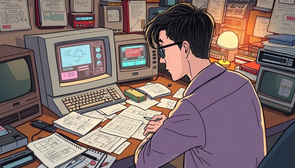 A digital workspace depicting the theme of "identifying lost legendary software." In the foreground, a professional individual, dressed in smart casual attire, intently examines an old computer screen displaying faded user interfaces and vintage software icons. In the middle ground, scattered papers and notebooks filled with sketches of software designs and algorithms. The background features an array of nostalgic technology elements, such as old monitors, floppy disks, and vintage programming books, softly illuminated by warm desk lighting. The atmosphere is one of curiosity and nostalgia, evoking a sense of exploration into technological history. The overall composition should convey a blend of retro and modern themes, highlighting the mystery of lost software through a cozy, inviting workspace. Use a wide-angle perspective to capture all layers, ensuring a balanced and engaging visual narrative.