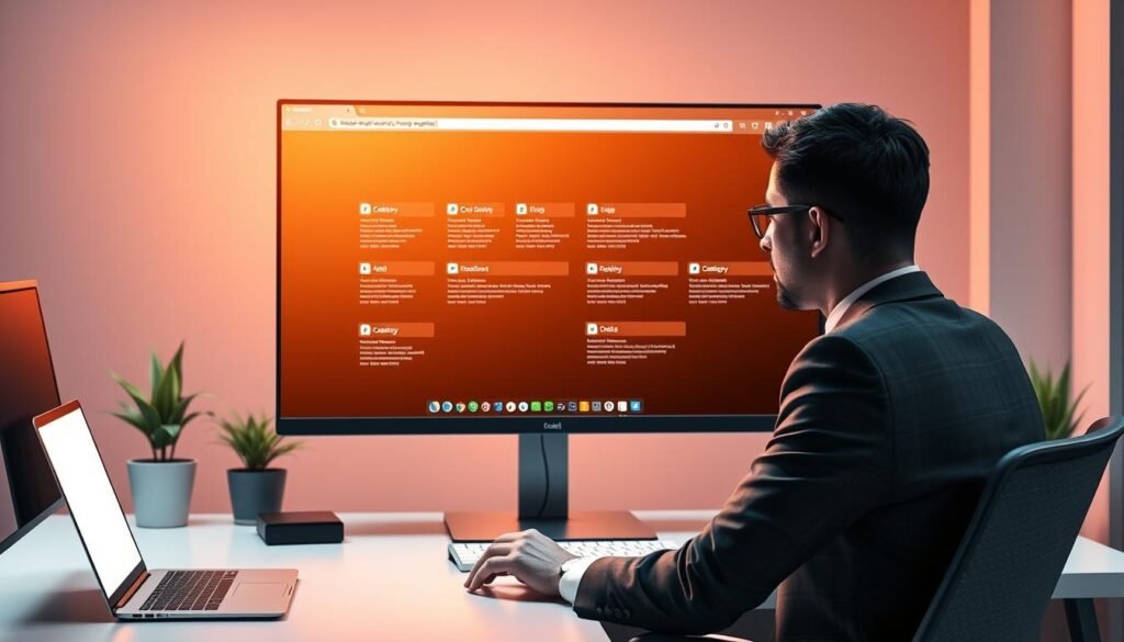 A digitally rendered scene depicting a sleek, modern workspace featuring a high-resolution computer monitor displaying an organized web browser with ten open tabs, each representing different categories. The foreground shows a diligent, focused professional in smart business attire, seated at the desk, thoughtfully managing browser tabs with a mouse. In the middle ground, the computer screen glows warmly with a well-structured layout of tabs, highlighting themes of tab management and efficiency. The background includes soft ambient lighting, creating a calm but productive atmosphere, combined with a few potted plants to add a touch of life. The image is framed from a slightly angled perspective, showcasing the intricacies of browser management without any text or distractions. A digitally rendered scene depicting a sleek, modern workspace featuring a high-resolution computer monitor displaying an organized web browser with ten open tabs, each representing different categories. The foreground shows a diligent, focused professional in smart business attire, seated at the desk, thoughtfully managing browser tabs with a mouse. In the middle ground, the computer screen glows warmly with a well-structured layout of tabs, highlighting themes of tab management and efficiency. The background includes soft ambient lighting, creating a calm but productive atmosphere, combined with a few potted plants to add a touch of life. The image is framed from a slightly angled perspective, showcasing the intricacies of browser management without any text or distractions.