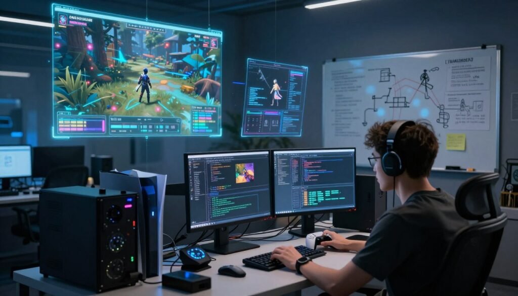 A dramatic and intricate scene showcasing the technical challenges faced in game development for PS5. In the foreground, a focused game developer sits at a desk cluttered with high-tech equipment, coding on a computer with multiple screens displaying complex game graphics and programming scripts. The middle layer features holographic projections of game characters and environments, illustrating bugs and glitches that appear during development. The background consists of a dimly lit office with ambient blue lighting, reflecting the high-tech atmosphere of the gaming industry. A large whiteboard is filled with diagrams and notes about technical hurdles, creating a sense of urgency and innovation. The mood is tense yet inspiring, emphasizing the intricate process of game creation and the obstacles that lead to project cancellations.