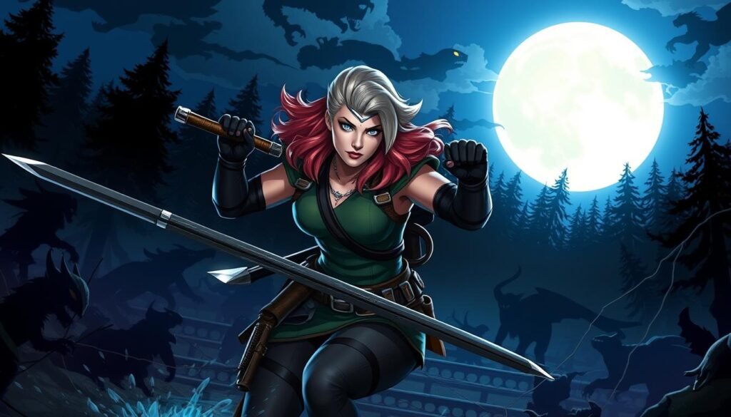 A dynamic and detailed digital illustration of Elsa Bloodstone, the Marvel character, showcasing her combat abilities in a fantasy setting. In the foreground, portray Elsa in her iconic hunter attire, equipped with dual weapons, fiercely poised for action. Her expression is determined, reflecting her confidence and strength. The middle ground features a stylized, chaotic battlefield with mystical creatures and shadows, emphasizing the challenges she faces. In the background, an ominous dark forest looms under a night sky illuminated by a full moon, casting eerie shadows. The lighting is dramatic, with strong contrasts highlighting her figure, creating a tense and thrilling atmosphere. Use a cinematic angle to enhance the sense of action and urgency in the scene. A dynamic and detailed digital illustration of Elsa Bloodstone, the Marvel character, showcasing her combat abilities in a fantasy setting. In the foreground, portray Elsa in her iconic hunter attire, equipped with dual weapons, fiercely poised for action. Her expression is determined, reflecting her confidence and strength. The middle ground features a stylized, chaotic battlefield with mystical creatures and shadows, emphasizing the challenges she faces. In the background, an ominous dark forest looms under a night sky illuminated by a full moon, casting eerie shadows. The lighting is dramatic, with strong contrasts highlighting her figure, creating a tense and thrilling atmosphere. Use a cinematic angle to enhance the sense of action and urgency in the scene.