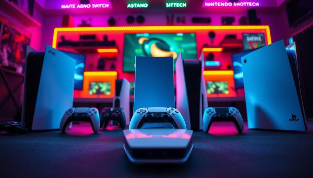 A dynamic and engaging comparison scene showcasing the PS5 Pro alongside other gaming consoles like the Xbox Series X and Nintendo Switch. In the foreground, the PS5 Pro is illuminated with a bright, cool-toned light highlighting its sleek design and distinctive features, while the other consoles are positioned to demonstrate their unique aesthetics. The middle ground includes gaming accessories such as controllers and headsets, all arranged artfully to emphasize the gaming ecosystem. The background features a blurred gaming setup with colorful LED lights creating an inviting and modern ambiance, enhancing the atmosphere of an elite gaming experience. The image should evoke a sense of excitement and anticipation for upgrades in gaming technology, captured from a low angle to give a dramatic perspective.