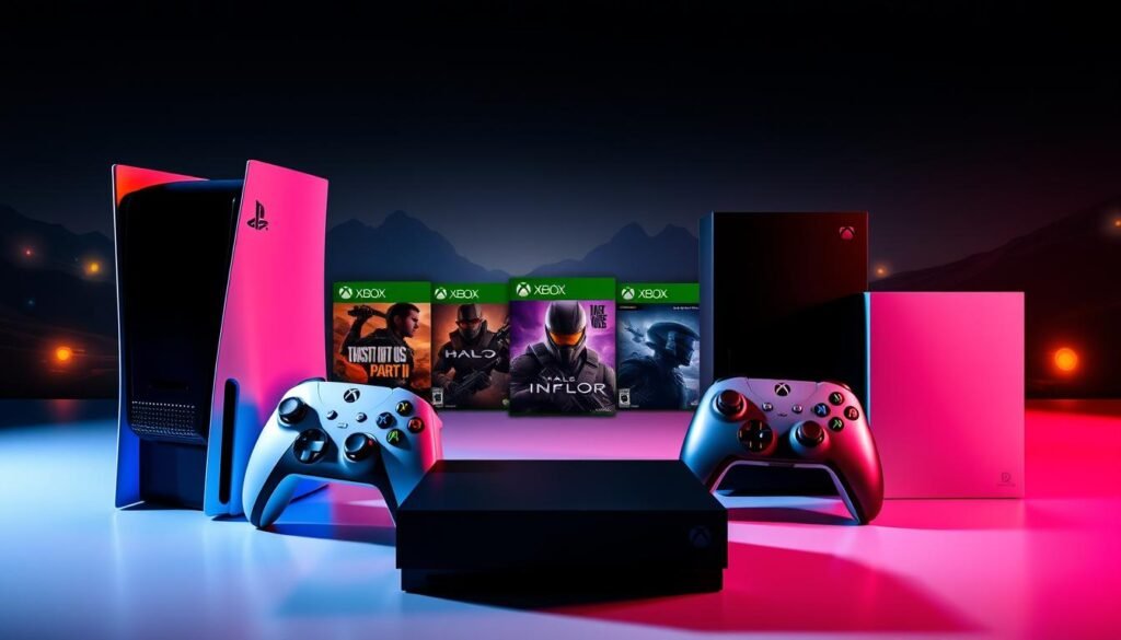 A dynamic and engaging composition showcasing iconic game exclusives from PlayStation and Xbox. In the foreground, prominently display the sleek designs of the PlayStation 5 and Xbox Series X consoles with their respective controllers, featuring vibrant colors and intricate details. In the middle ground, arrange a selection of exclusive game covers, such as "The Last of Us Part II" for PlayStation and "Halo Infinite" for Xbox, each artwork vividly illustrated. In the background, create a subtle, futuristic gaming landscape with soft glowing lights, reminiscent of both gaming worlds. Utilize dramatic lighting to create a high-contrast scene, highlighting the consoles and games while maintaining a sense of depth. The mood should be energetic and immersive, inviting gamers to explore these exclusive offerings.