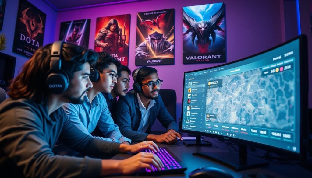 A dynamic and engaging scene depicting a professional gaming environment focused on strategies for climbing ranks in competitive games. In the foreground, a diverse group of four gamers of various ethnicities, dressed in smart casual attire, intensely analyzes a large digital screen displaying performance stats and game maps. The middle ground features a sleek, modern gaming setup with keyboards, mice, and colorful LED lighting adding to the atmosphere. In the background, posters of popular games, including Dota 2 and Valorant, hang on the walls, and the room is lit with ambient blue and purple lighting to create a gaming ambiance. The overall mood is focused and determined, showcasing the strategic planning and teamwork essential for success in ranked gameplay. A dynamic and engaging scene depicting a professional gaming environment focused on strategies for climbing ranks in competitive games. In the foreground, a diverse group of four gamers of various ethnicities, dressed in smart casual attire, intensely analyzes a large digital screen displaying performance stats and game maps. The middle ground features a sleek, modern gaming setup with keyboards, mice, and colorful LED lighting adding to the atmosphere. In the background, posters of popular games, including Dota 2 and Valorant, hang on the walls, and the room is lit with ambient blue and purple lighting to create a gaming ambiance. The overall mood is focused and determined, showcasing the strategic planning and teamwork essential for success in ranked gameplay.