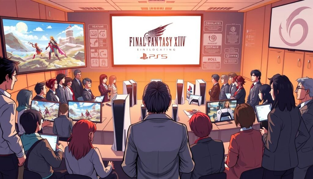 A dynamic composition showcasing the strategic release planning of Final Fantasy XVI. In the foreground, illustrate a diverse team of professional game developers and marketers engaged in an animated discussion, dressed in smart business attire. They are surrounded by concept art of characters and game landscapes on digital screens. In the middle, display an array of PS5 consoles and promotional materials highlighting the exclusivity of the game, glowing softly under warm lighting. The background features a large projection screen displaying the game's logo, surrounded by visual maps of marketing strategies. The atmosphere is focused and energetic, reflecting the excitement of launching a major title, with a blend of innovation and anticipation. The scene is captured with a wide-angle lens, emphasizing collaboration and creativity in the gaming industry.