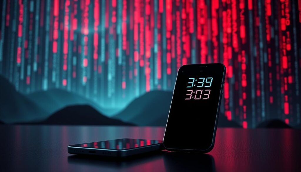 A dynamic illustration depicting the rapid attack mechanism of ransomware, set in a futuristic digital environment. In the foreground, a sleek, modern smartphone is illuminated, displaying a digital timer counting down from three seconds. The middle ground reveals abstract representations of malicious code cascading down in glowing red and black colors, symbolizing threats infiltrating devices. In the background, matrix-style binary code flashes across a dark, ominous landscape, enhancing the sense of urgency and danger. Soft, dramatic lighting casts shadows that create tension, while a blurred depth of field focuses on the phone. The overall mood is suspenseful and high-tech, emphasizing the imminent threat of ransomware in 2025.