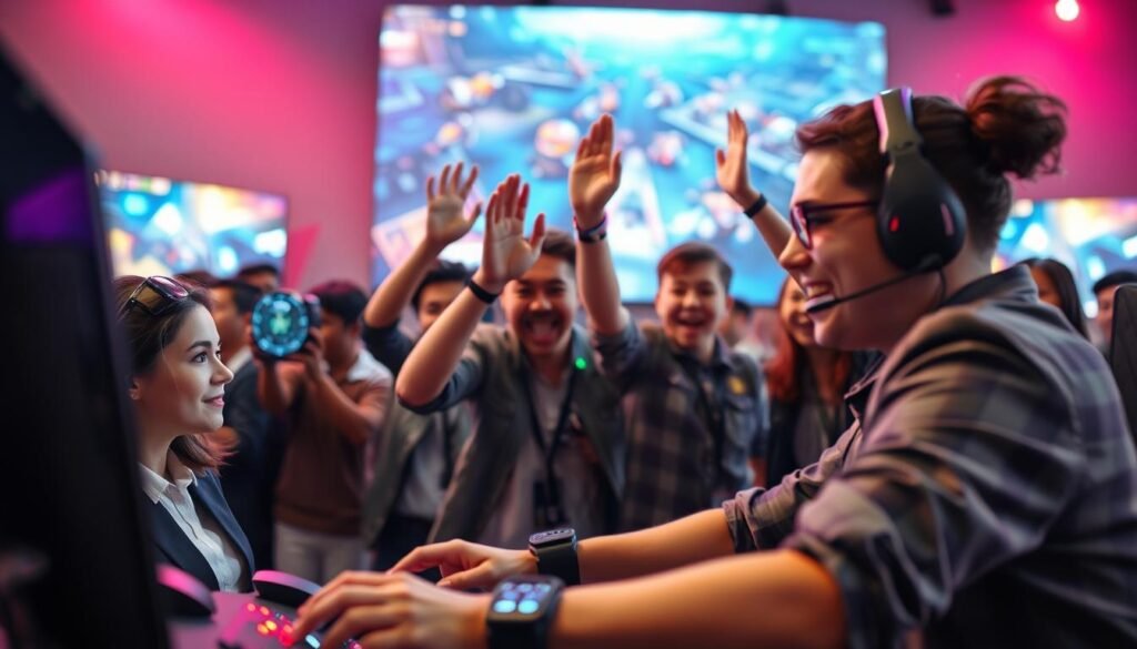 A dynamic scene featuring a diverse group of gamers intensely engaged in various aspects of gameplay. In the foreground, one player, a young woman in professional business attire, is focused on a high-tech gaming console, her expression a mix of concentration and excitement. In the middle, a group of players cheer and high-five each other, showcasing an atmosphere of camaraderie and enthusiasm, surrounded by colorful LED lights reflecting off their gaming equipment. The background features a large screen displaying vibrant gameplay graphics, creating an immersive environment. The lighting is bright but dynamic, highlighting the players and setup with a slightly blurred bokeh effect, capturing the energy and passion that draws attention to exciting game content. The overall mood is lively and inspiring, ideal for illustrating engaging gameplay. A dynamic scene featuring a diverse group of gamers intensely engaged in various aspects of gameplay. In the foreground, one player, a young woman in professional business attire, is focused on a high-tech gaming console, her expression a mix of concentration and excitement. In the middle, a group of players cheer and high-five each other, showcasing an atmosphere of camaraderie and enthusiasm, surrounded by colorful LED lights reflecting off their gaming equipment. The background features a large screen displaying vibrant gameplay graphics, creating an immersive environment. The lighting is bright but dynamic, highlighting the players and setup with a slightly blurred bokeh effect, capturing the energy and passion that draws attention to exciting game content. The overall mood is lively and inspiring, ideal for illustrating engaging gameplay.