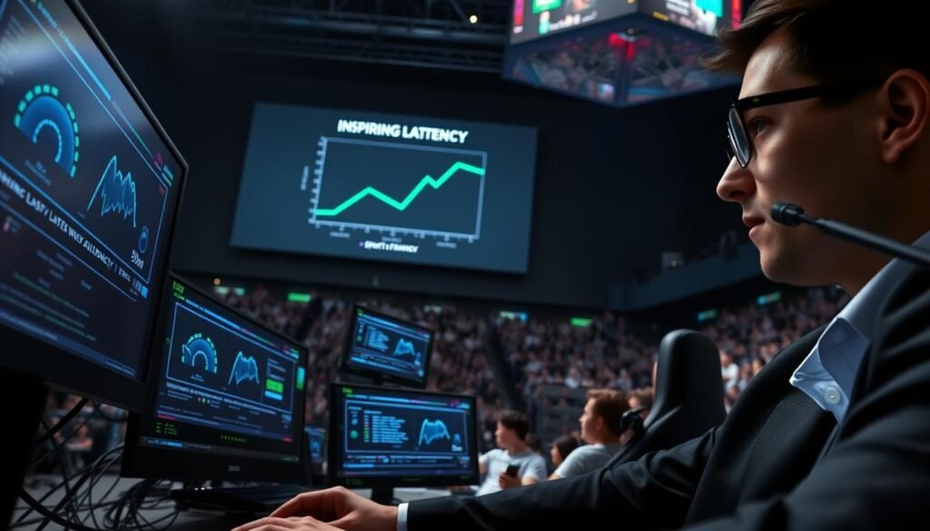 A dynamic scene of a high-tech gaming network optimization setup in an e-sports arena. In the foreground, a focused gamer wearing professional business attire is engaged with multiple screens displaying network latency graphs and performance statistics, their expression showcasing determination. In the middle layer, there are sleek gaming equipment, routers, and data links, illuminated with cool blue and green LED lights indicating optimal performance. The background features a large screen with an inspiring graph contrasting 90ms vs 5ms latency, against a darkened arena filled with spectators, their enthusiasm palpable. Soft, focused lighting highlights the intensity of the moment, creating an atmosphere of strategy and competition in the world of e-sports. The angle captures the gamer from a slightly low perspective, conveying a sense of importance and urgency in the scene.