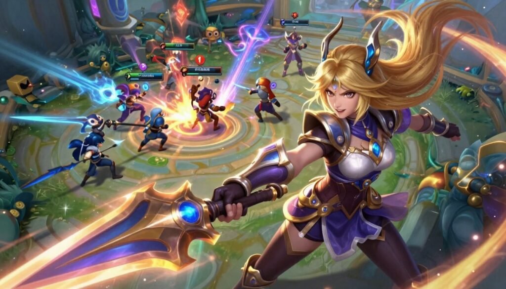 A dynamic scene showcasing Skill Sora from Mobile Legends in an intense gameplay moment. In the foreground, Sora is depicted with vibrant, intricate armor, wielding her distinctive weapons with a fierce expression, ready to unleash her abilities. Her hair flows dramatically in the action, catching the light with a magical glow. In the middle ground, a chaotic 5v5v5 battle unfolds, with heroes and minions clashing amidst visually stunning spells and abilities. The background features a vibrant, enchanted battlefield, illuminated by ethereal lighting that creates an immersive atmosphere, hinting at a mystical energy. The composition should capture a sense of urgency and excitement, shot from a slightly low angle to emphasize Sora's power and presence in the game. A dynamic scene showcasing Skill Sora from Mobile Legends in an intense gameplay moment. In the foreground, Sora is depicted with vibrant, intricate armor, wielding her distinctive weapons with a fierce expression, ready to unleash her abilities. Her hair flows dramatically in the action, catching the light with a magical glow. In the middle ground, a chaotic 5v5v5 battle unfolds, with heroes and minions clashing amidst visually stunning spells and abilities. The background features a vibrant, enchanted battlefield, illuminated by ethereal lighting that creates an immersive atmosphere, hinting at a mystical energy. The composition should capture a sense of urgency and excitement, shot from a slightly low angle to emphasize Sora's power and presence in the game.
