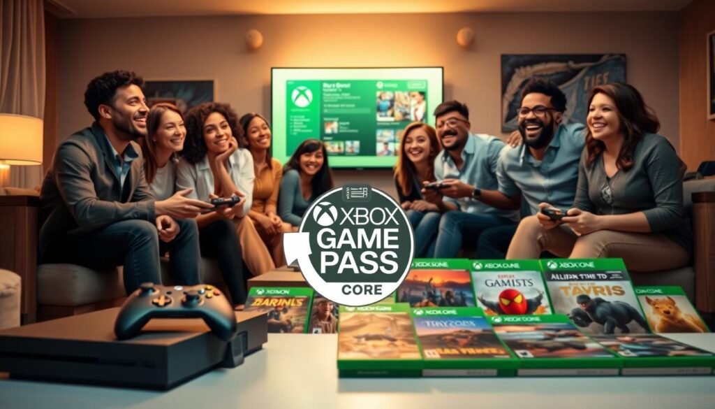 A dynamic scene showcasing the benefits of Xbox Game Pass Core. In the foreground, a modern gaming setup including a sleek console and controller, surrounded by an array of popular game cases that represent the 40 games offered. In the middle, a diverse group of friends, dressed in smart casual attire, excitedly engaged in a gaming session, with expressions of joy and connection. The background features a cozy living room, illuminated by warm, soft lighting that creates a welcoming atmosphere. An inviting television screen displays the Xbox Game Pass Core interface, emphasizing inclusivity and enjoyment in gaming. The overall mood is vibrant and enthusiastic, highlighting community and shared experiences among gamers.