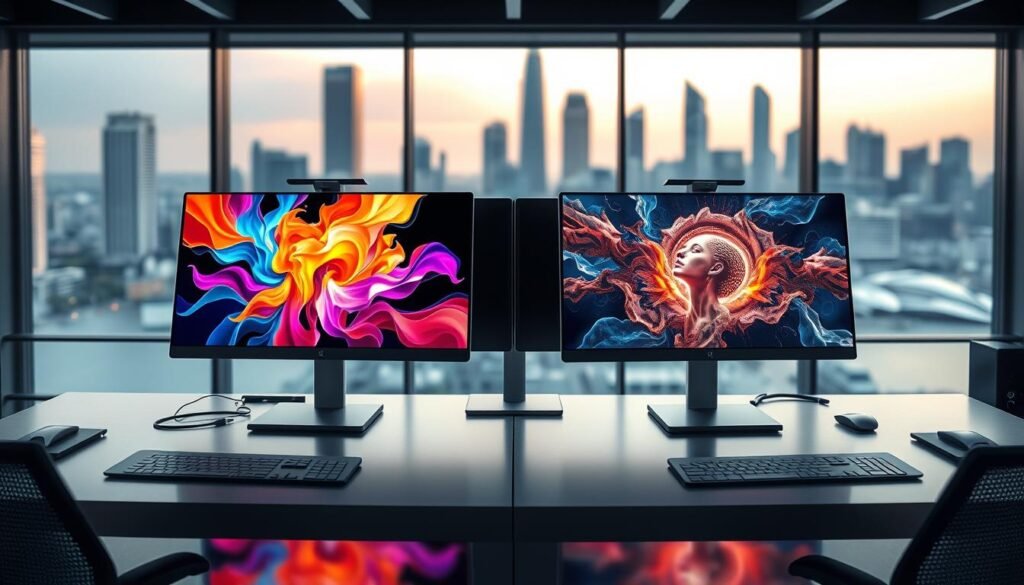 A dynamic split-screen composition illustrating a head-to-head comparison between two AI art generators: Stable Diffusion and Midjourney. In the foreground, showcase two digital canvases, one displaying vibrant and realistic art generated by Stable Diffusion and the other featuring stunning visuals from Midjourney. The middle section features a sleek, modern workspace with high-tech elements like graphics tablets and dual monitors, emphasizing the digital nature of the tools. In the background, a futuristic cityscape is softly blurred, enhancing the scene's technology-focused atmosphere. Utilize soft, dramatic lighting to highlight the artworks, casting gentle shadows and reflections, while a slightly elevated viewpoint captures both the canvas details and the workspace environment effectively. The overall mood should be one of creativity and technological innovation, inviting viewers to explore the capabilities of both platforms in a professional context.