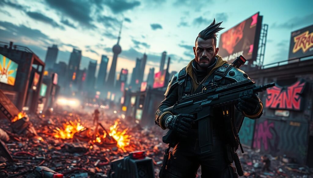 A dynamic visual representation of a "lancer" character from the FragPunk universe, showcasing a blend of futuristic technology and punk aesthetics. In the foreground, the lancer stands confidently with a sophisticated weapon, adorned in a stylish, armored outfit featuring neon accents and rugged textures. The middle ground features a chaotic urban battlefield, filled with high-tech debris and abstract punk graffiti, vibrating with energy. In the background, a moody skyline under a twilight sky provides dramatic contrast, with illuminated billboards casting colorful reflections. The lighting emphasizes the character's determined expression and highlights the intricate details of their armor. The scene conveys tension and excitement, encapsulating the immersive performance aspect of extended gameplay. The angle is slightly low, creating a powerful perspective, inviting viewers to engage with the dynamic environment.