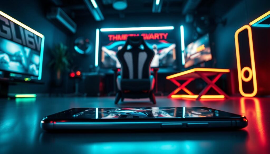 A flagship gaming smartphone showcased prominently in the foreground, its sleek and modern design highlighted by soft reflective lighting that emphasizes its premium materials. The smartphone features a large, vibrant display, showing a high-definition gaming scene. In the middle ground, an elegantly designed gaming setup, including a high-tech gaming chair and accessories, complements the device, set against a stylish, illuminated gaming desk. The background features blurred elements of a dark, atmospheric room, infused with neon accents that reflect a high-energy gaming environment. The scene is captured from a low angle to evoke a feeling of power and immersion, embodying the excitement and innovation of flagship gaming technology for professional gamers. The overall mood is dynamic and energetic, ideal for the gaming community.