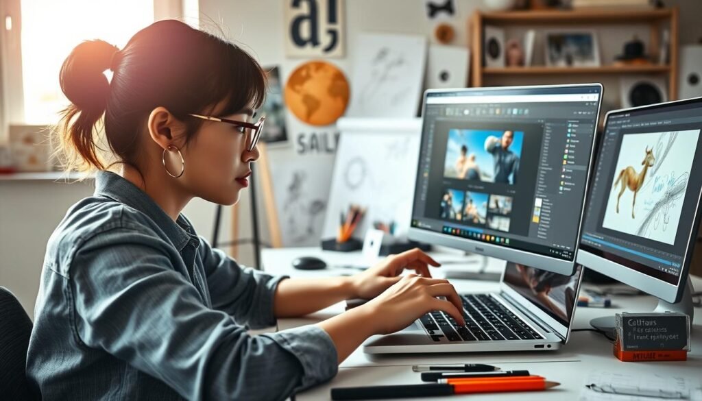 A focused creative professional, a young Asian woman, is intensely using advanced editing software on a sleek laptop. She is seated at a modern, well-organized workspace filled with design tools, illustrations, and a large, vibrant monitor displaying complex graphics. The foreground showcases close-ups of her hands expertly navigating the software interface, with digital layers visible on the screen. In the middle ground, various art supplies and sketches hint at her creative process, while a window in the background lets in soft, natural light, creating a bright and inspiring atmosphere. The mood is dynamic and productive, emphasizing innovation in the creative industry. The scene captures the essence of modern graphic design and editing, illustrating the evolving role of software like GIMP.