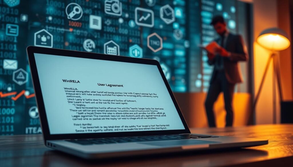 A focused image composition illustrating a digital landscape of software usage, specifically centered around the concept of a "User License Agreement" (EULA) for WinRAR. In the foreground, a sleek, modern laptop displays the EULA text, shimmering slightly in a soft glow to draw attention. In the middle, digital elements like floating binary codes and abstract icons representing software tools create a dynamic environment, hinting at deep technological themes. The background features a blurred silhouette of a person in professional business attire, carefully reading the EULA on a notepad, reflecting curiosity and enlightenment. The overall mood is intriguing and informative, with warm lighting that enhances the sense of discovery. The angle captures both the laptop and the silhouette, creating a visual invitation to explore the hidden secrets of the EULA. A focused image composition illustrating a digital landscape of software usage, specifically centered around the concept of a "User License Agreement" (EULA) for WinRAR. In the foreground, a sleek, modern laptop displays the EULA text, shimmering slightly in a soft glow to draw attention. In the middle, digital elements like floating binary codes and abstract icons representing software tools create a dynamic environment, hinting at deep technological themes. The background features a blurred silhouette of a person in professional business attire, carefully reading the EULA on a notepad, reflecting curiosity and enlightenment. The overall mood is intriguing and informative, with warm lighting that enhances the sense of discovery. The angle captures both the laptop and the silhouette, creating a visual invitation to explore the hidden secrets of the EULA.