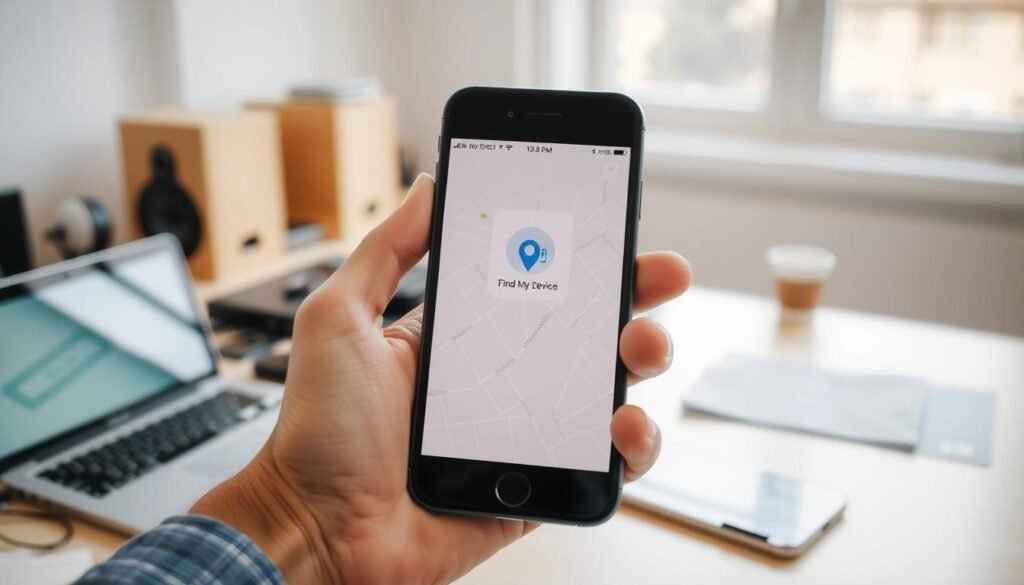 A focused scene depicting a smartphone interface showing the "Find My Device" feature. In the foreground, display a hand gently holding a mobile phone, the screen lit up with the tracking interface featuring a map and device location icon. The middle ground should illustrate a blurred desk environment with tech gadgets and a laptop, reinforcing the theme of technology. In the background, a soft-focus window allowing natural light in, creating a warm and inviting atmosphere. Use soft lighting to enhance the clarity of the smartphone screen, and incorporate a slight tilt-angle for a dynamic perspective. The mood should be one of determination and hope, implying the quest to locate a lost device, while keeping everything professional and polished. A focused scene depicting a smartphone interface showing the "Find My Device" feature. In the foreground, display a hand gently holding a mobile phone, the screen lit up with the tracking interface featuring a map and device location icon. The middle ground should illustrate a blurred desk environment with tech gadgets and a laptop, reinforcing the theme of technology. In the background, a soft-focus window allowing natural light in, creating a warm and inviting atmosphere. Use soft lighting to enhance the clarity of the smartphone screen, and incorporate a slight tilt-angle for a dynamic perspective. The mood should be one of determination and hope, implying the quest to locate a lost device, while keeping everything professional and polished.