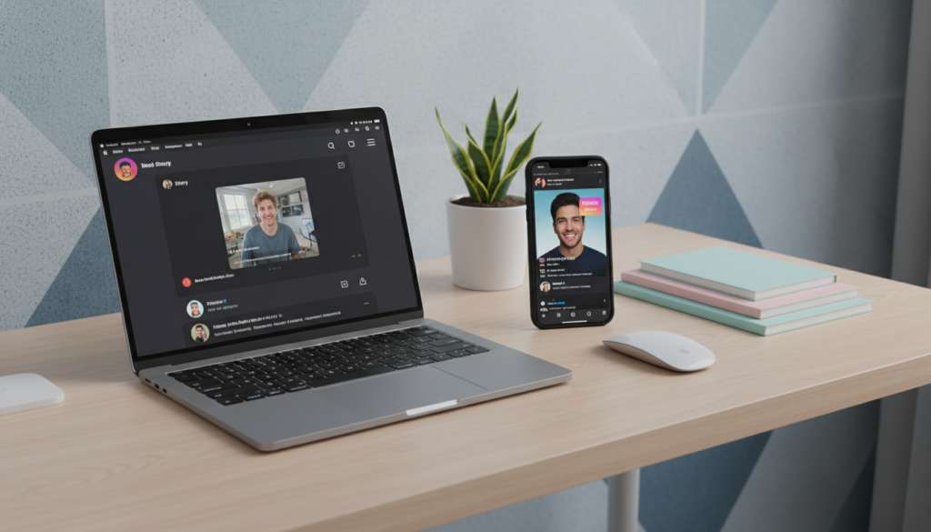 A focused scene featuring a stylish and modern workspace that represents the digital realm of downloading Instagram Stories safely and efficiently. In the foreground, a sleek laptop with an open Instagram page, where a video preview is visible, is placed on a minimalist wooden table. Next to the laptop, a smartphone displays a colorful Instagram Story. In the middle ground, soft, diffused lighting enhances the calm and professional atmosphere, while a potted plant adds a touch of life. In the background, a wall with subtle abstract patterns creates an engaging, contemporary vibe. The overall mood is bright and organized, emphasizing comfort and trustworthiness in navigating online content. The angle should capture the entire setup from a slightly elevated perspective, providing a comprehensive view of the workspace, ensuring a sense of order and professionalism.