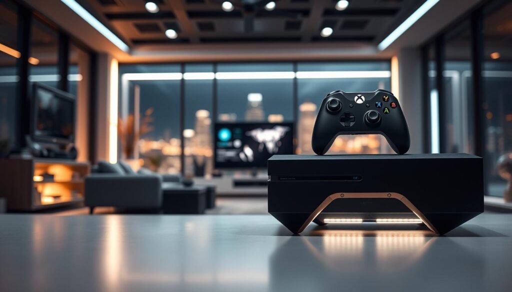 A futuristic Xbox console prominently displayed in the foreground, showcasing its sleek, modern design and innovative features. The console has a matte black finish, with illuminated accents and unique cooling vents, reflecting advanced technology. In the middle ground, a high-tech living room setting is designed with gaming accessories, a large flat-screen TV, and ambient LED lighting casting a warm glow. The background features a city skyline through a large window, hinting at a connected, digital lifestyle. The scene is lit with soft, diffused lighting to create a welcoming atmosphere, using a shallow depth of field to focus on the console while blurring the surroundings. The mood is exciting and forward-looking, evoking anticipation for the next generation of gaming.