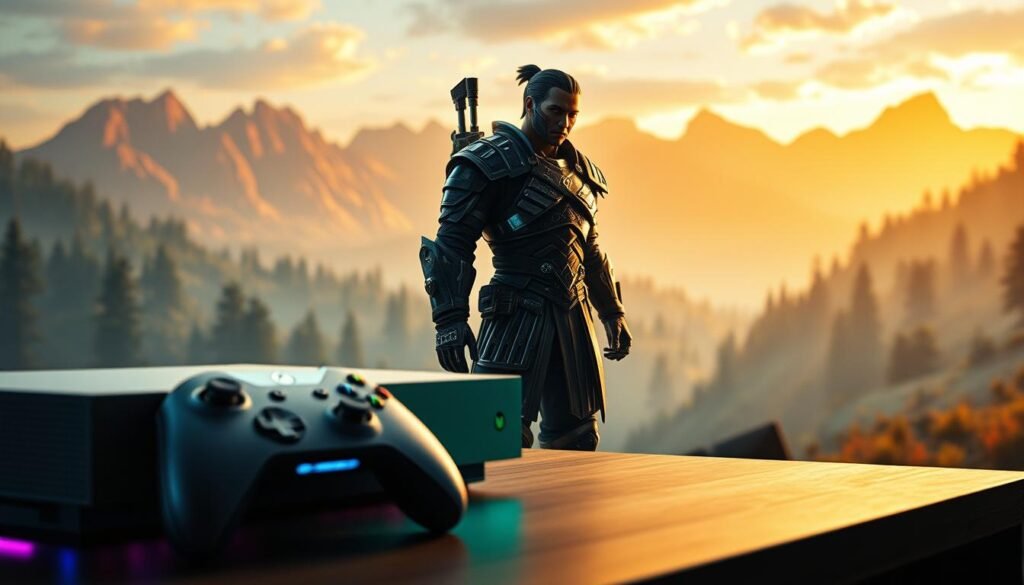 A futuristic Xbox gaming scene featuring an exclusive sequel game. The foreground showcases a sleek, modern gaming console with vibrant LED lights glowing softly, along with a high-tech controller. The middle ground reveals a dynamic character from the game, dressed in an intricately detailed armor, poised as if ready for an epic battle. In the background, a stunning landscape unfolds, rich with lush forests and towering mountains bathed in the golden light of sunset. The atmosphere is filled with excitement and anticipation, evoking a sense of adventure and loyalty among gamers. Use dramatic lighting to emphasize the character's features, creating a heroic mood, with a slight depth of field effect, focusing on the character while softly blurring the background.