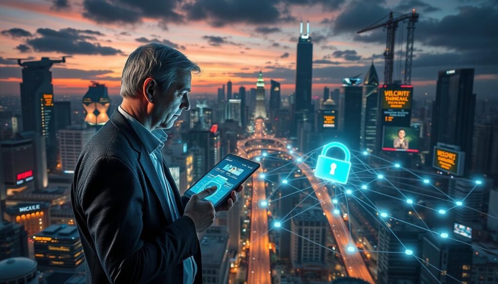 A futuristic cityscape filled with a myriad of connected IoT devices, including smart home appliances, drones, and industrial machinery, showcasing vulnerability to cyber threats. In the foreground, a middle-aged professional in business attire examines a holographic display, depicting security risks like firewalls and data breaches. The middle ground features a visually striking network of glowing connections between devices, symbolizing the interconnected nature of IoT. In the background, a bustling city skyline under a moody twilight sky, illuminated by neon lights and digital billboards warning of cybersecurity threats. Use a slightly low angle to capture depth, with dramatic lighting to enhance the sense of urgency and risk in this connected world.