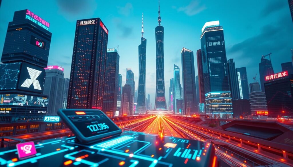 A futuristic cityscape representing the concept of "Internet 10G" with advanced technology at the forefront. In the foreground, a sleek, modern digital device displays high-speed internet connections, with glowing data streams emanating from it. In the middle ground, towering skyscrapers with illuminated screens showcase real-time data transfer and digital connectivity, reflecting the innovative spirit of China. The background features a clear night sky with neon lights, symbolizing the speed and efficiency of 10G technology. The scene is bathed in ambient lighting, highlighting the vibrant colors of the infrastructure. The atmosphere is dynamic and forward-looking, evoking a sense of rapid technological advancement and digital evolution.